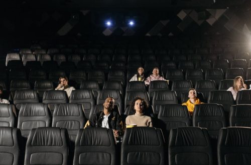 Image of diverse audience sparsely seated in a dimly lit cinema hall.